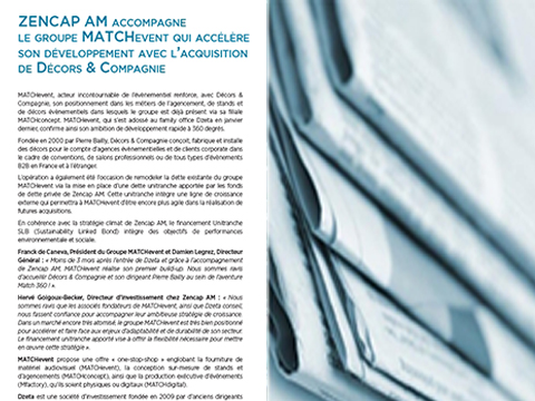 ZENCAP AM accompagne le groupe MATCHevent qui accélère son développement avec l’acquisition de Décors & Compagnie